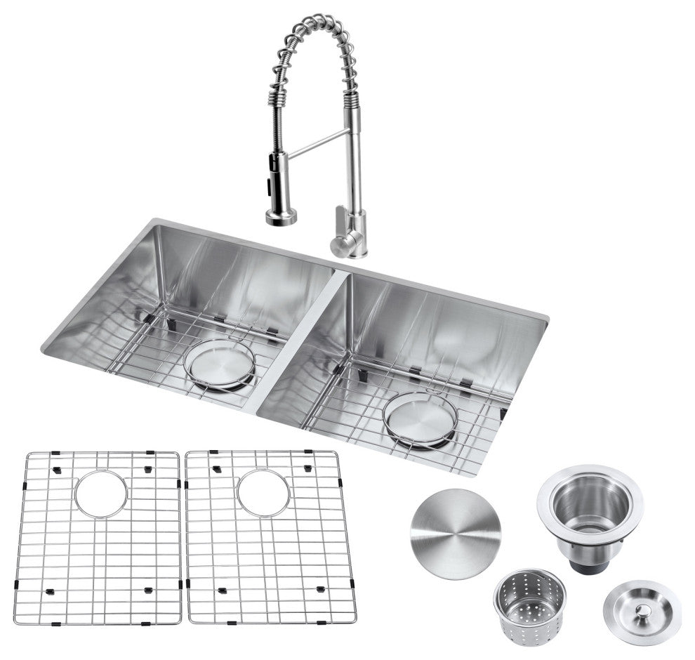 32"Undermount Kitchen Sink and Faucet  Drain AssemblyandStrainer, Bottom Grid