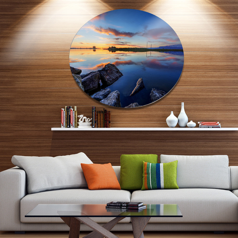 Beautiful Calm Water And Sunset, Landscape Disc Metal Wall Art, 11"