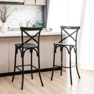 Black Steel Bar Stool With Solid Elm Wood Seat and Back Support, Set of 2