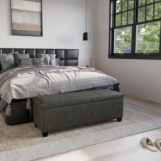 48" Elegant Leather/Linen Rectangular Storage Ottoman, Rustic Gray
