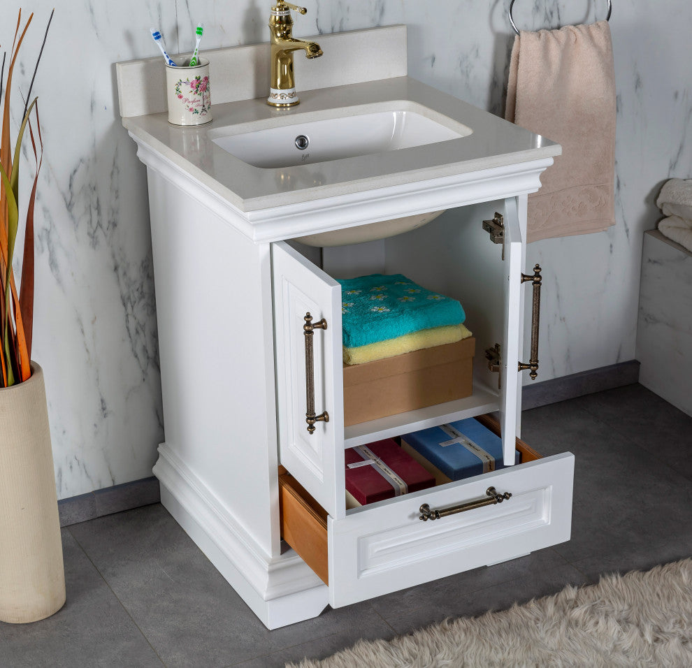Romana Collection 24" Bathroom Vanity With Sink, Mirror, Countertop, White