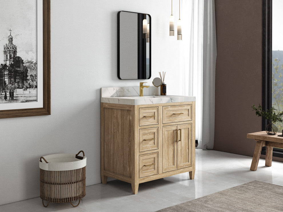 Santa Monica 36 Center Sink Bath Vanity in Whitewashed Teak 2" Carrara Marble