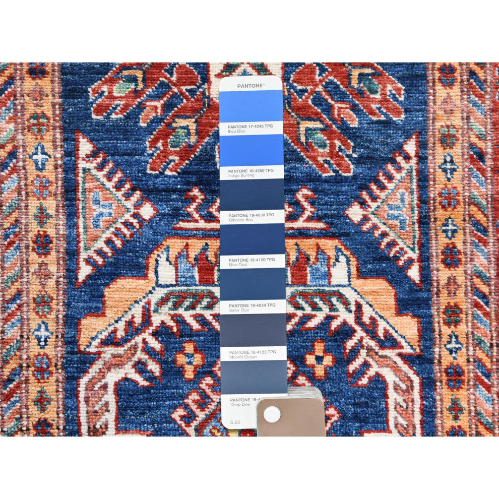 Hand Knotted Navy Blue Afghan Super Kazak Soft Wool Runner Rug, 2'6" x 11'0"