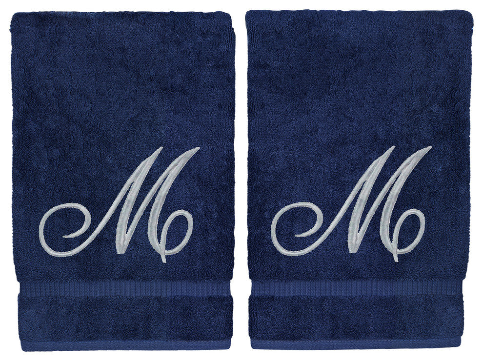 Monogrammed Washcloth, Set of 2, Silver Script embroidery, Initial M Navy
