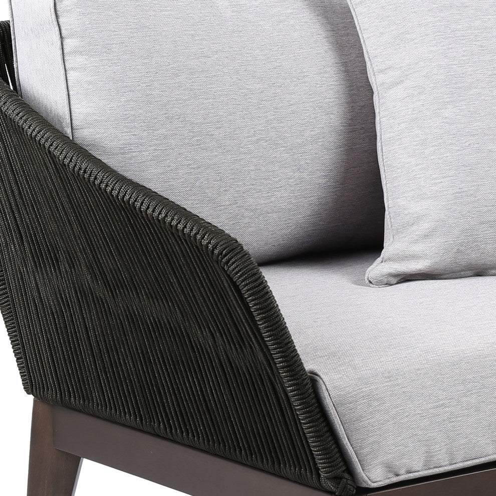 Athos Outdoor Club Chair With Latte Rope and Gray Cushions, Dark Eucalyptus