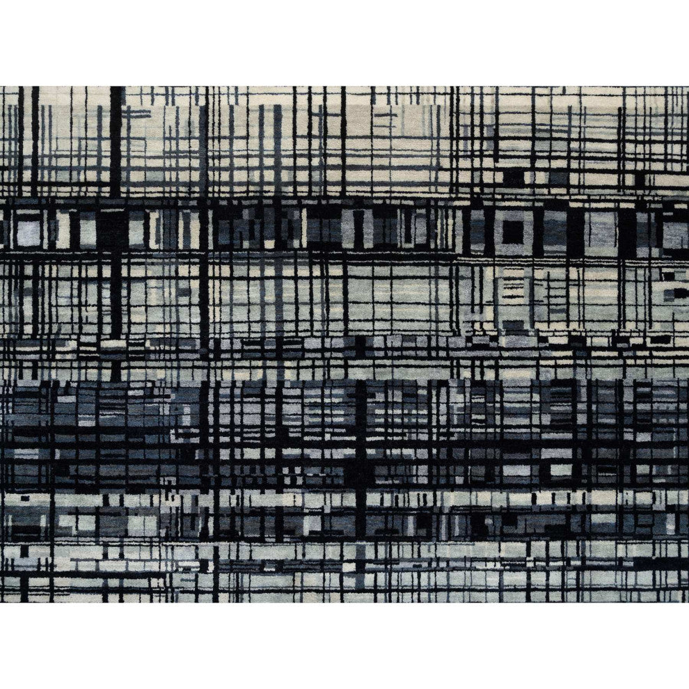 Black, Modern Lines Design, Ghazni Wool, Hand Knotted, Oriental Rug, 8'2" x 9'9"