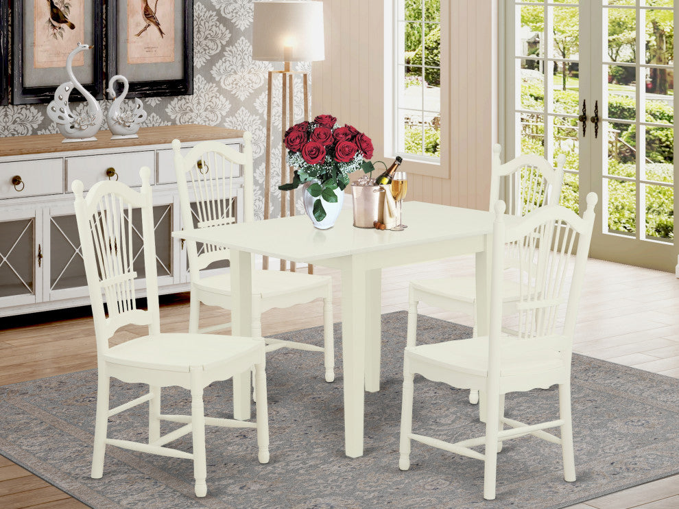 Dining Set 5 Pcs- 4 Chairs, Wood Table, Linen White Solid Wood Frame.