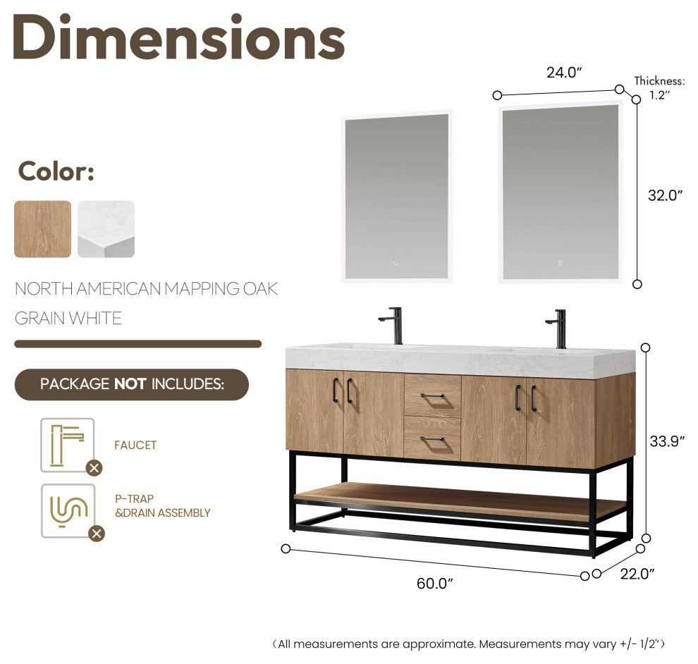 Alistair Vanity, North American Oak, Matte Black Hardware, 60" Double Sink, With Mirror