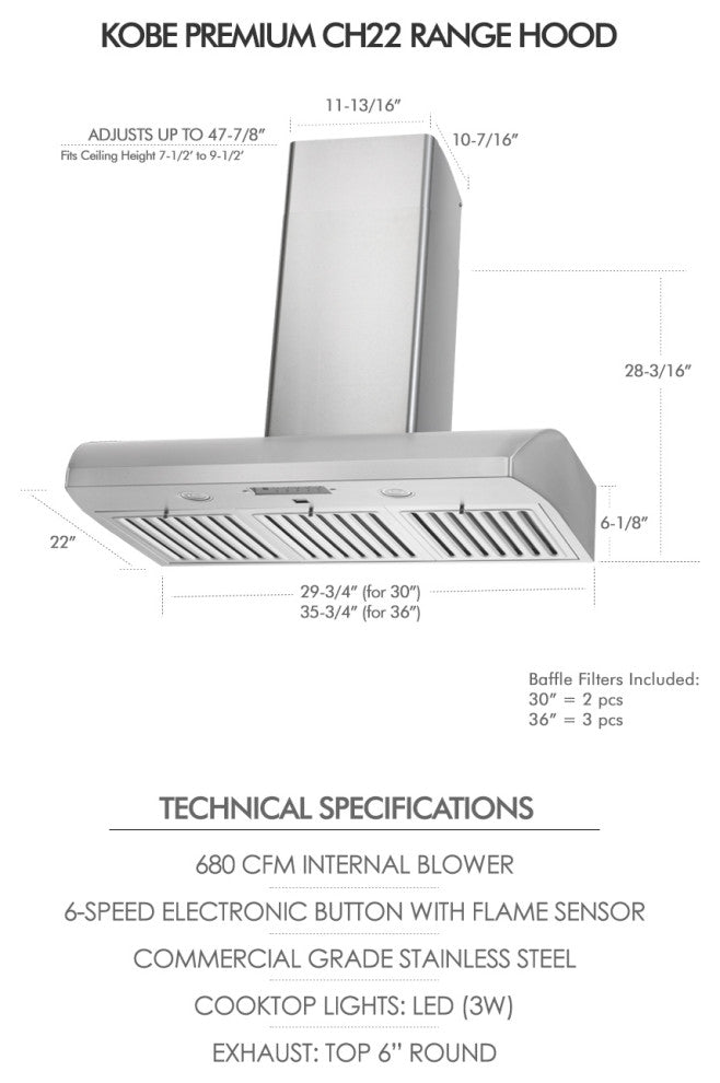 KOBE 680 CFM Hands-Free Fully Auto Wall Mount Range Hood, 30"