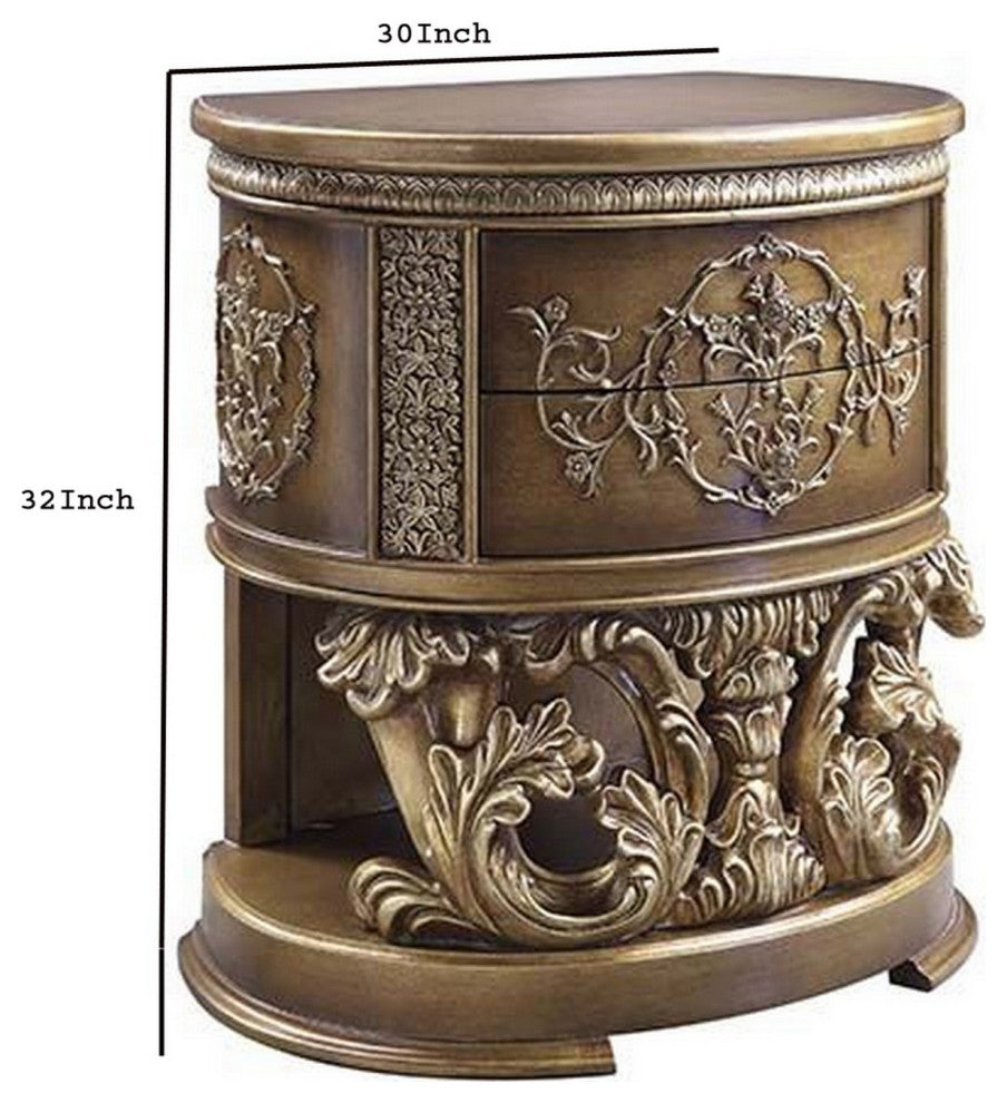 Benzara BM251166 Nightstand, Scrolled Carvings and Half Moon Shape, Antique Gold