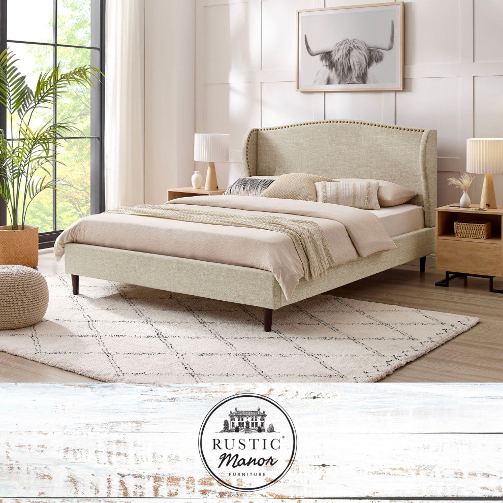 Rustic Mabor Caliana Bed, Linen, Beige, King