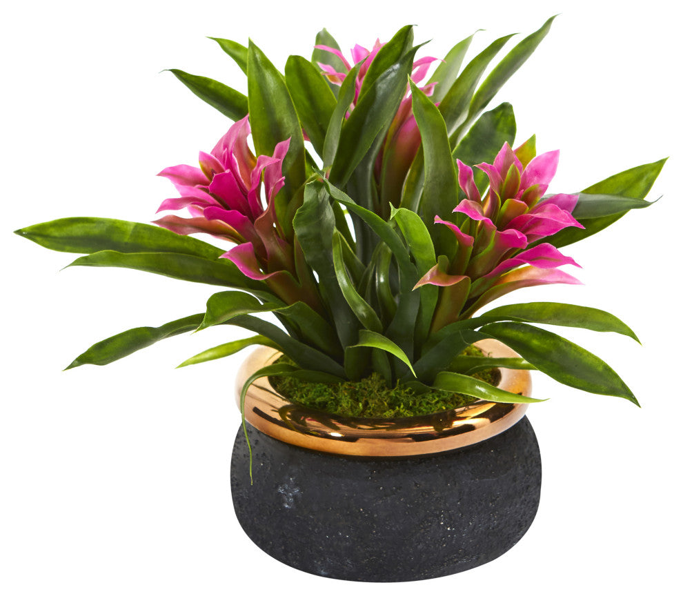 11 in. Bromeliad Artificial Plant, Stoneware Planter