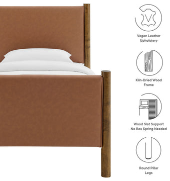 Maven Twin Size Vegan Leather Upholstered Platform Bed, Tan Walnut