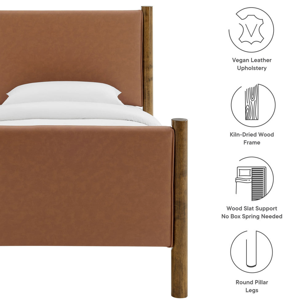 Maven Twin Size Vegan Leather Upholstered Platform Bed, Tan Walnut