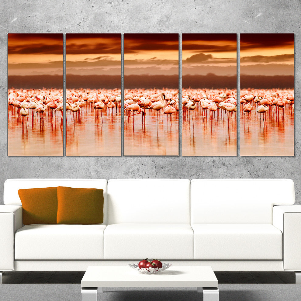 African Flamingos View At Sunset, Floral Canvas Art Print, 60"x28", 5 Panels