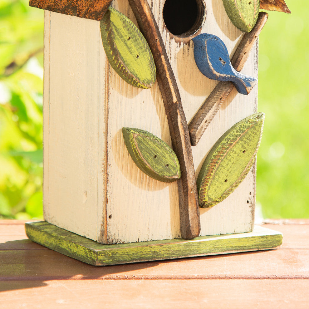 9.75"H Washed White Distressed Solid Wood Birdhouse With 3D Tree and Bird