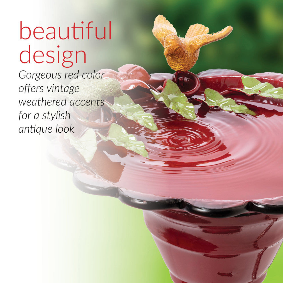 28" Tall Outdoor Metal Birdbath with Birds and Leaves Yard Statue, Red