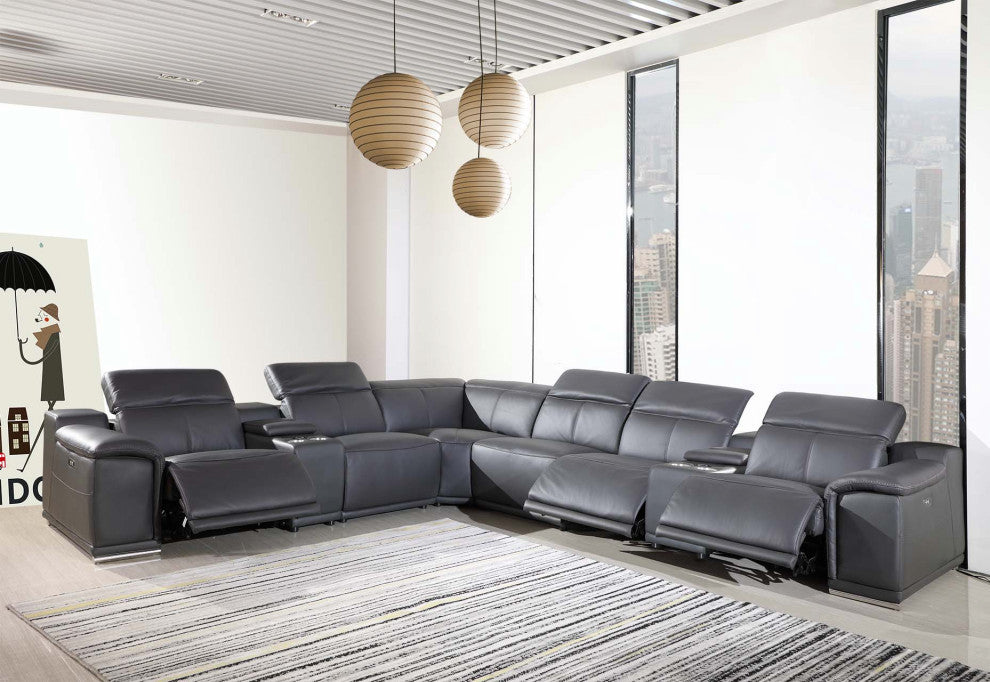 Federico 8-Piece L-Shaped Top Grain Italian Leather Sectional-3 Power Recliners, Gray