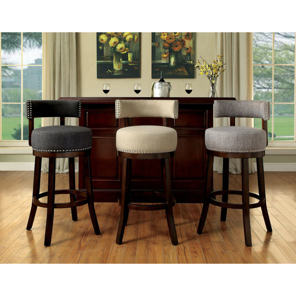 Set of 2 Fabric and Solid Wood 24" Bar Stool, Dark Oak, Beige