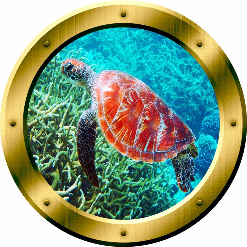 VWAQ 1 X Sea Turtle Porthole Wall Decal, 14" Diameter
