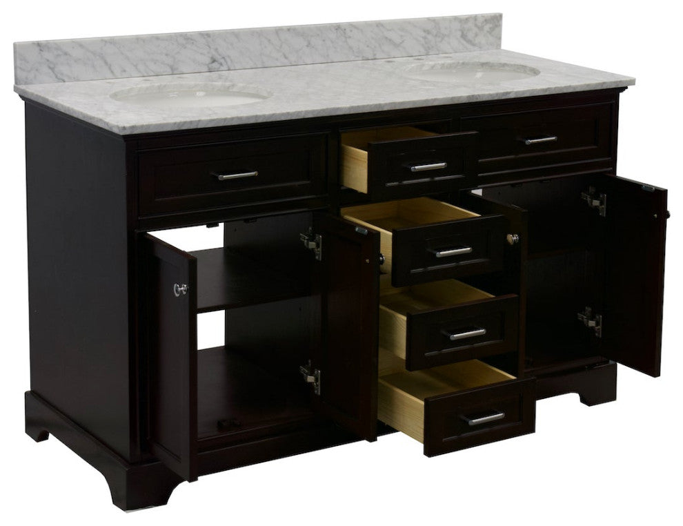 Aria 60" Bathroom Vanity, Chocolate, Carrara Marble, Double Vanity