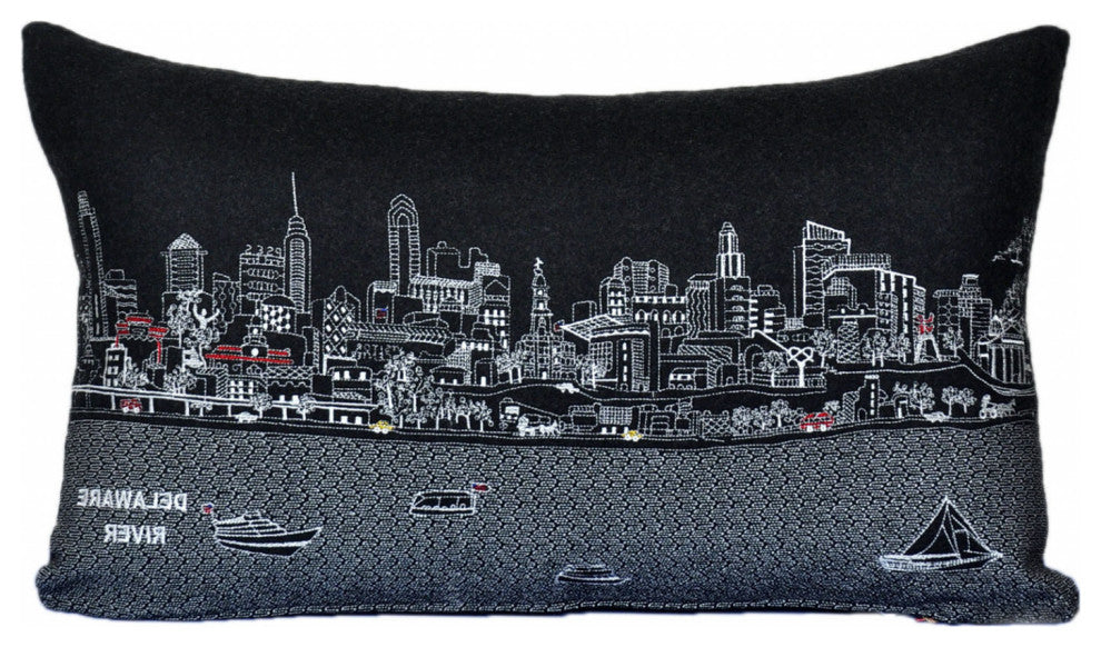 25" Black Philadelphia Nighttime Skyline Lumbar Decorative Pillow