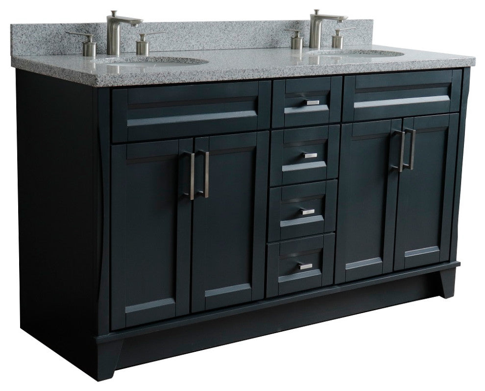 61" Double Sink Vanity, Dark Gray Finish And Gray Granite And Oval Sink