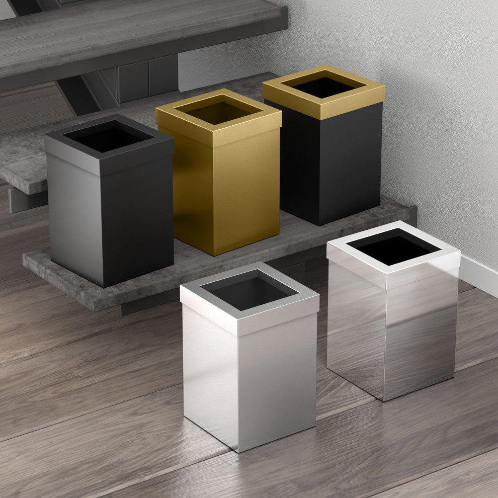 Square Modern Wastebasket, Matte Black and Brushed Brass