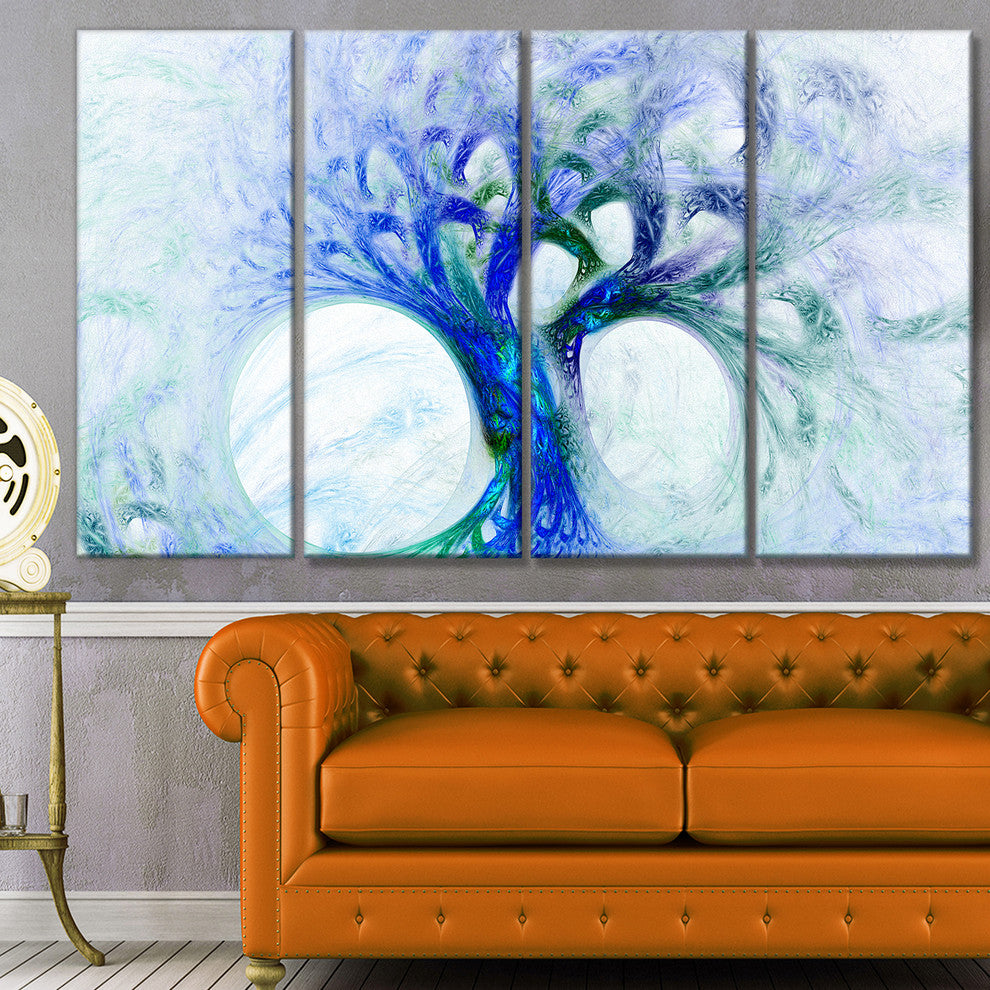 Blue Mystic Psychedelic Tree, Abstract Wall Art Canvas, 48"x28", 4 Panels