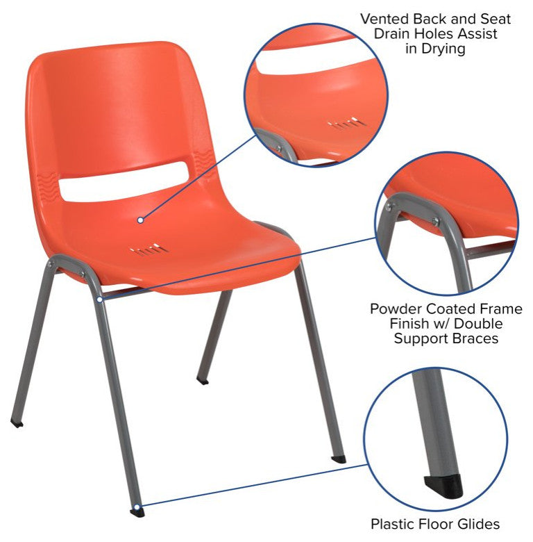5 Pack Multipurpose Chair, Stackable Design With Plastic Seat & Back, Orange