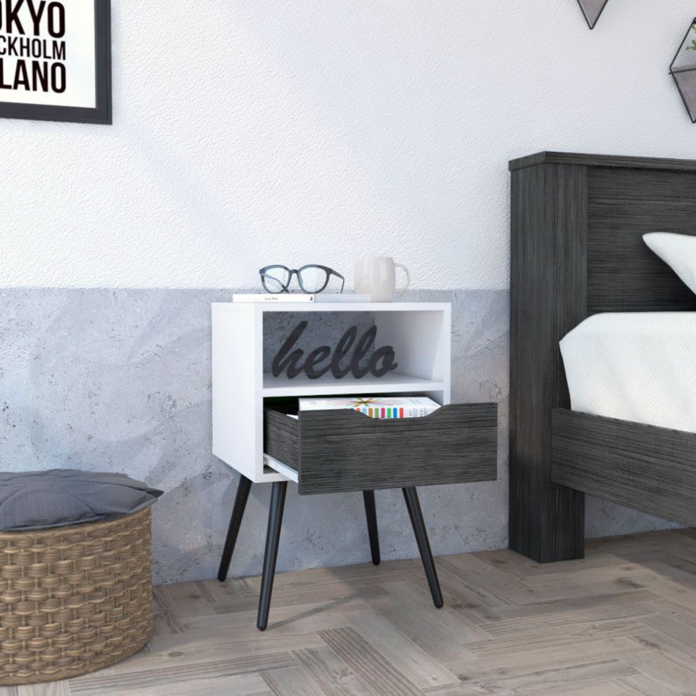 Allie Nightstand with Superior Top, Open Shelf, and Drawer, Smokey Oak/ White