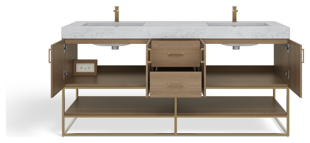 Bahia Bath Vanity, Oak, 72", Brushed Gold Hardware, Double, Freestanding