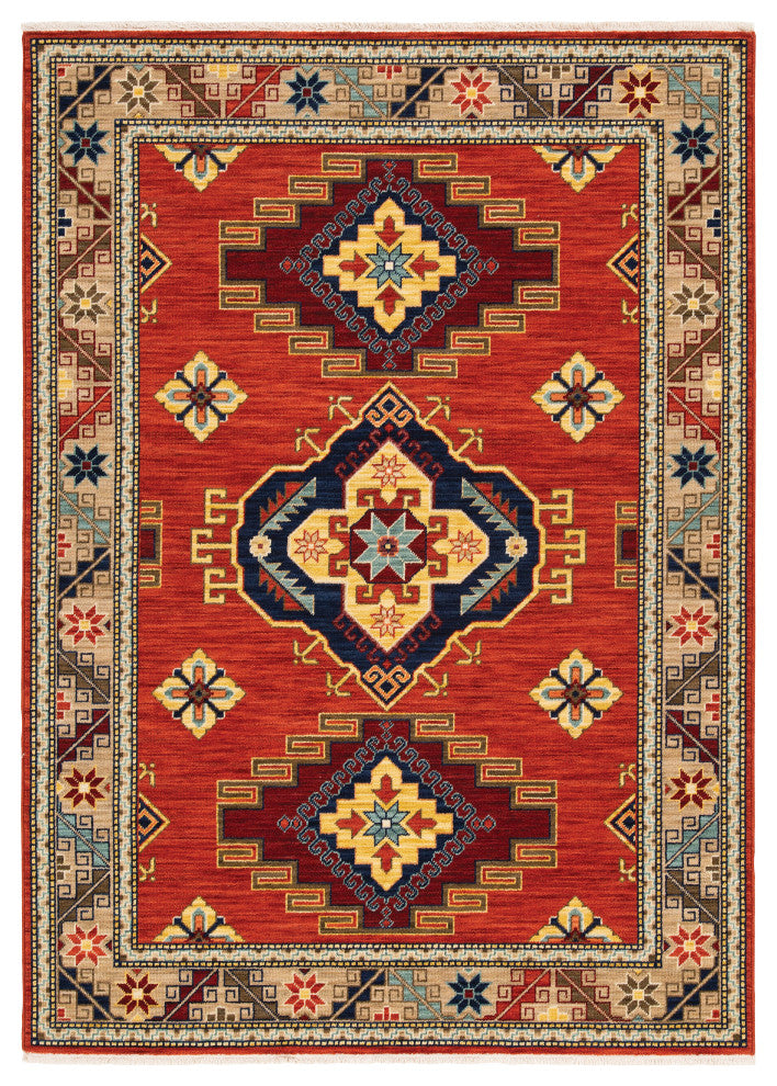 Lizbeth Medallion Border Red/Multi Wool Blend Fringed Area Rug, 3'3"X5'