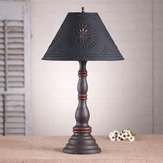 Wood Table Lamp With Punched Tin Shade USA Handmade Davenport, Espresso