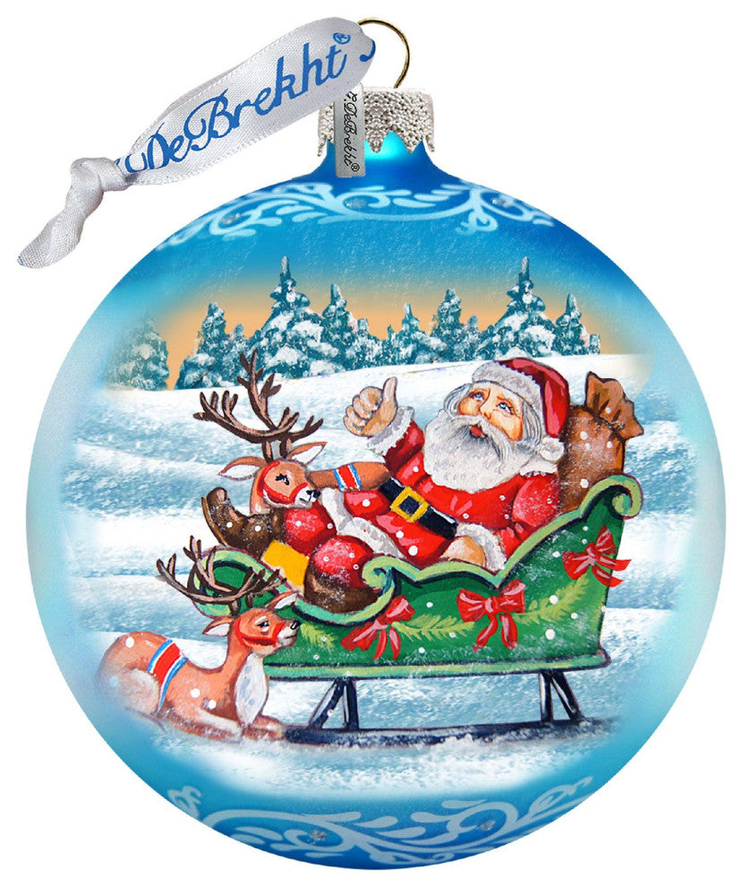 Reindeers Ride Santa Glass Ornament