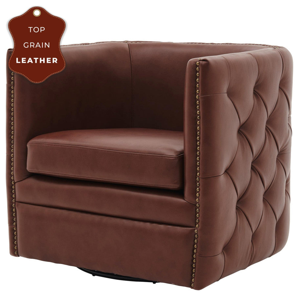 Leslie Swivel Tufted Accent Arm Chair, Garrett Brown, Top Grain Leather