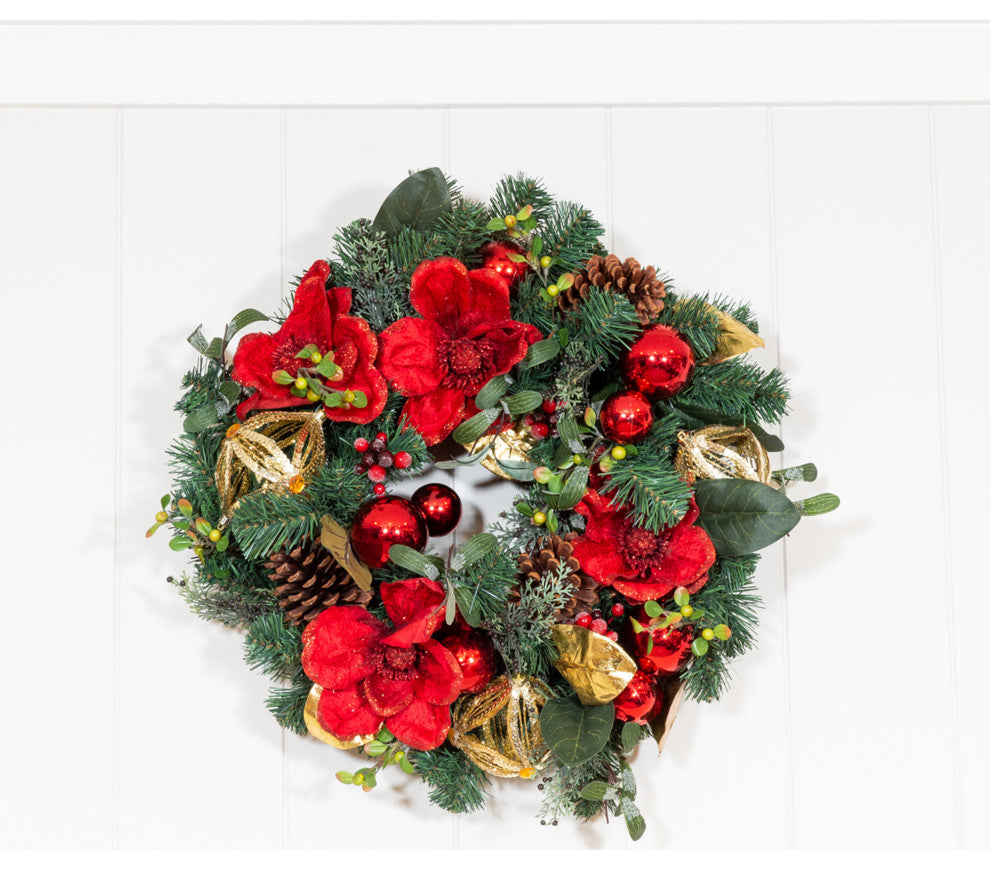 24" Lighted Christmas Wreath, Red Magnolia