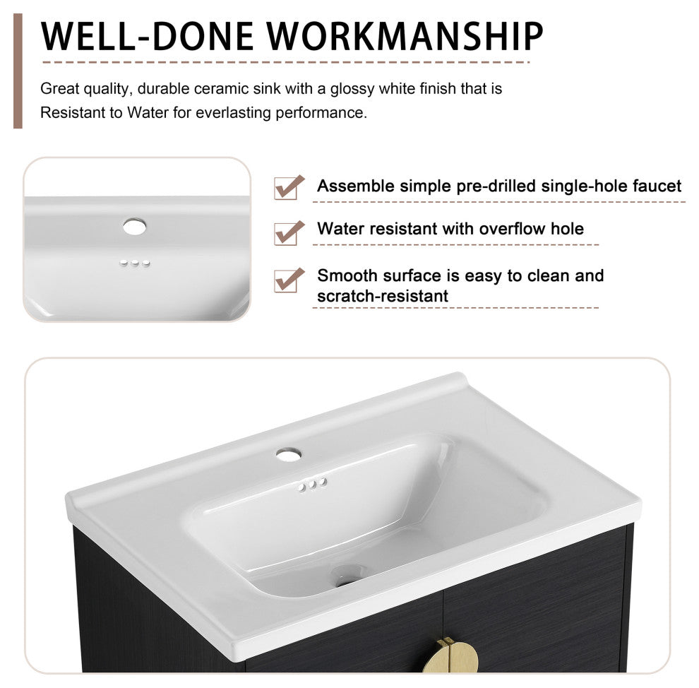 28" Plywood Wall Mounted Bath Vanity Set, Black, Ceramic Basin