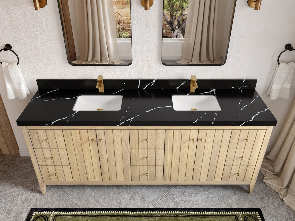 Atlanta Oak 84" Double Sink Bath Vanity, White 2" Calacatta Black