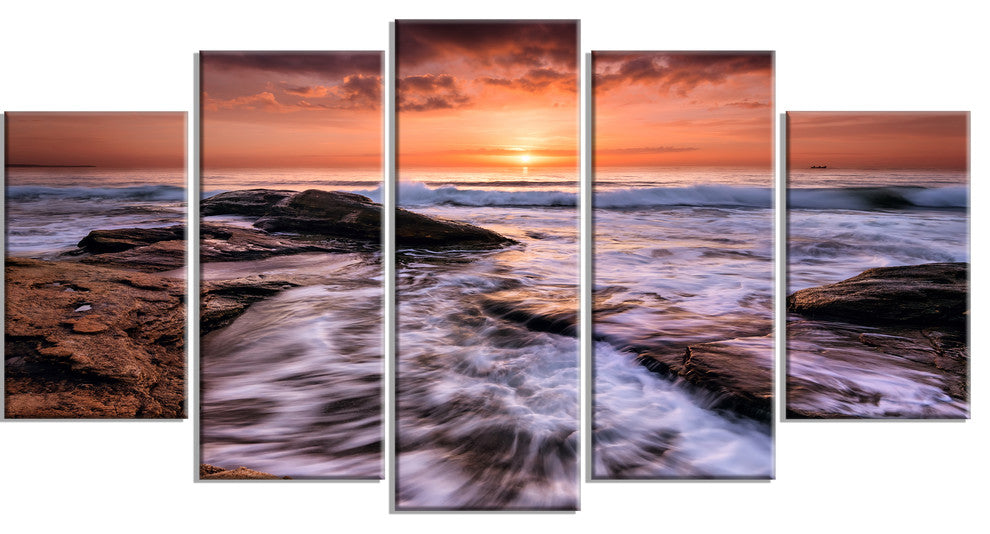 "Waves Hitting Rocky Beach Burgas Bay" Seascape Wall Art, 5 Panels, 60"x32"
