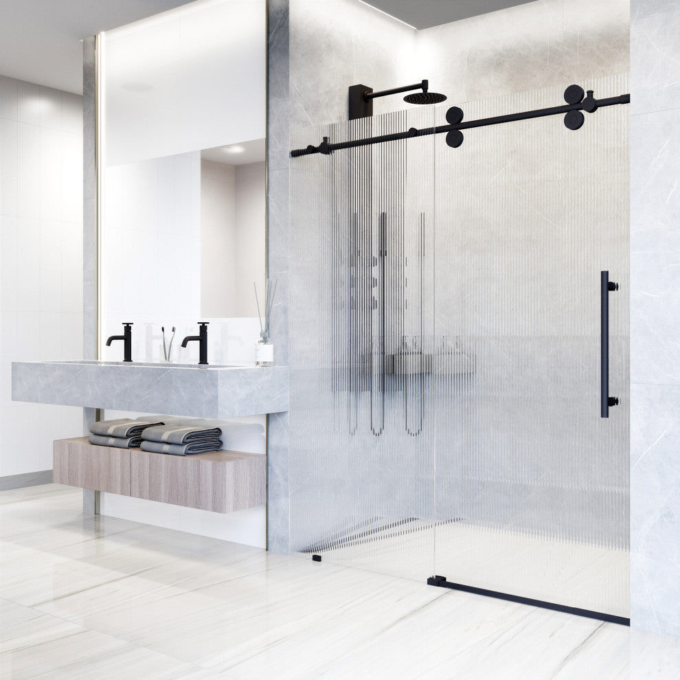VIGO Elan 56" to 60" W x 74" H Frameless Sliding Shower Door, Matte Black, Right, Fluted Glass