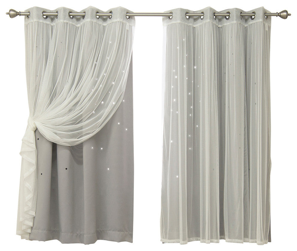 Tulle and Star Cut Out Blackout Mix and Match Curtains, Dove, 63"