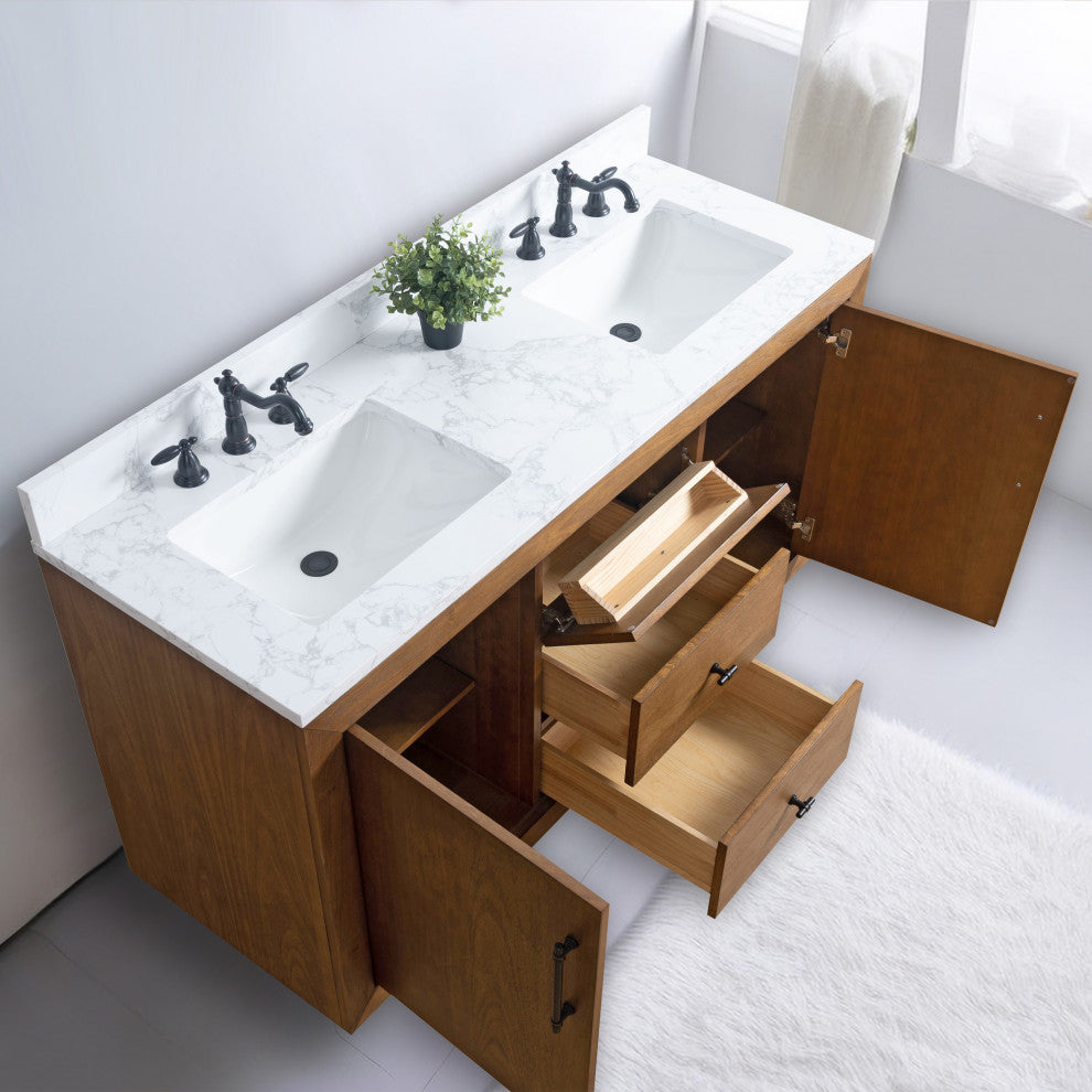 Vanity Art Bathroom Vanity With Sink, Tan, 60" Double, Arabescato White Engineered Marble Top