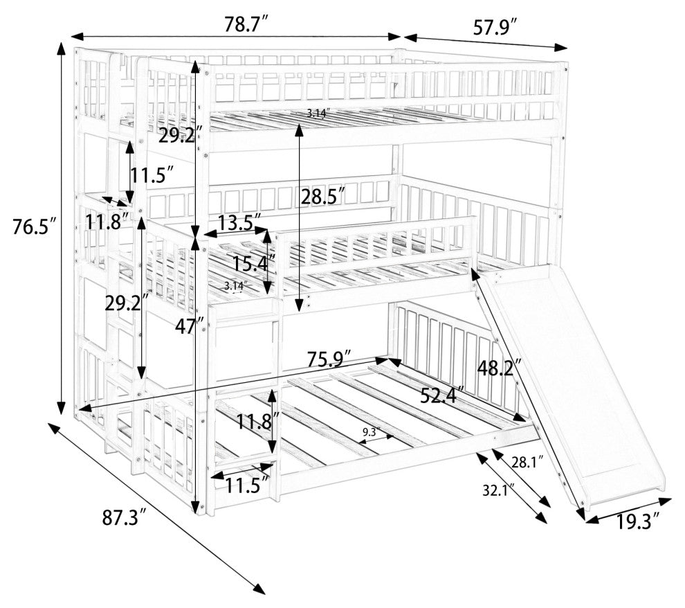 Gewnee Wood Triple Full Size Convertible Bunk Bed in White
