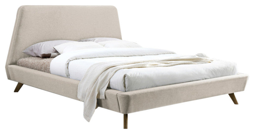 Henry Mid-Century Modern Upholstered Platform Bed, Beige, Queen