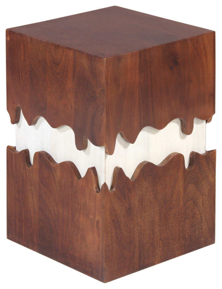 Benzara UPT-270550 Acacia Wood Side End Table, Block Pedestal, Walnut, White