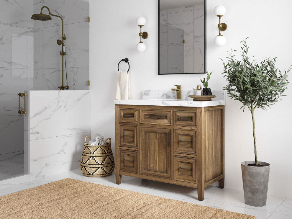 Santa Monica 42 Single Sink Bath Vanity in Graywashed Teak 2" Carrara Quartz