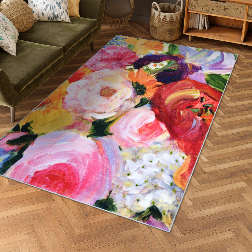 Yellow and Violet I Hand Washable Flowers Power-loomed Art Area Rug, 5'x7.5'