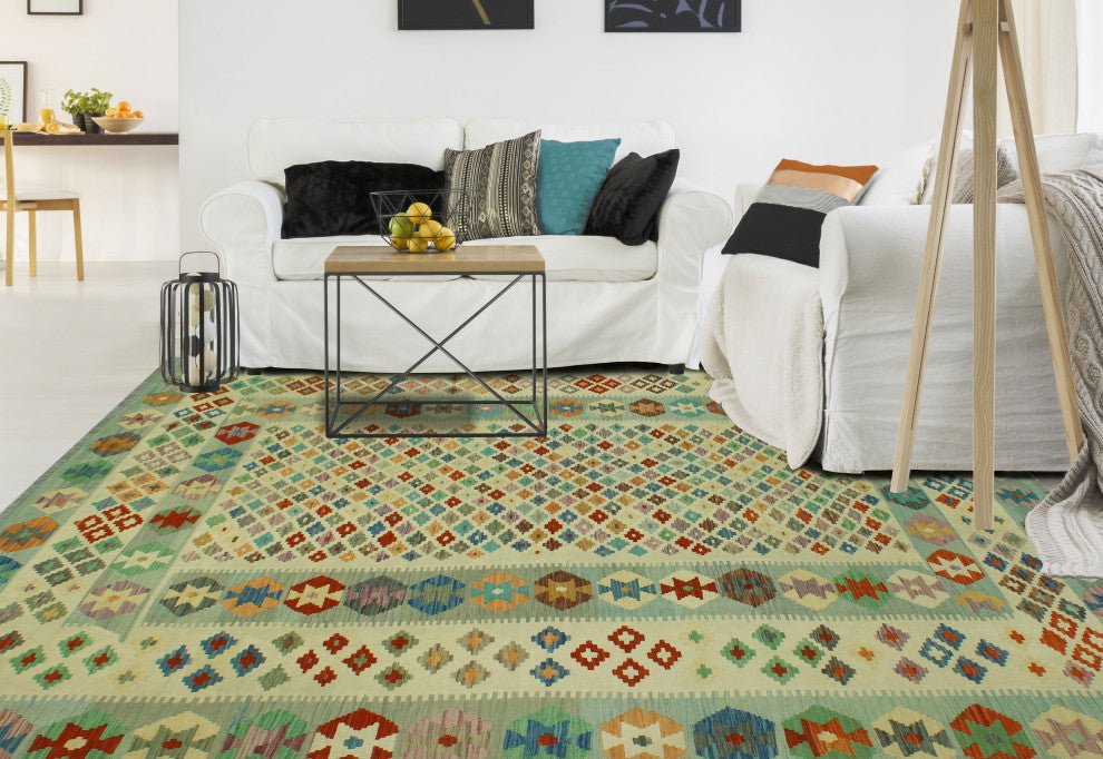 Sangat Kilim Steven Ivory/Light Blue Rug, 8'0x11'4