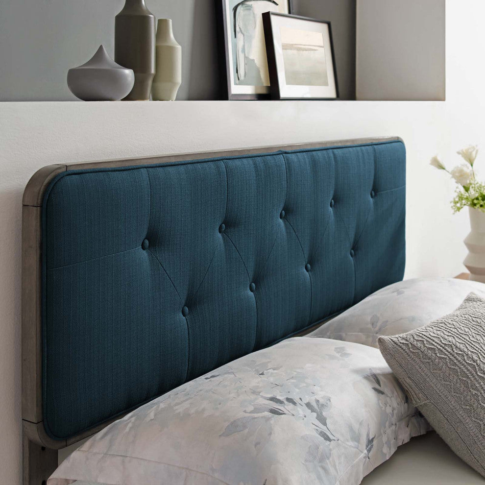 Tufted Headboard, Full Size, Wood, Fabric, Gray Navy Blue, Modern